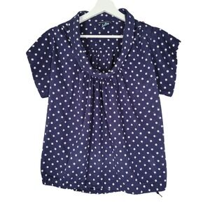 French Connection Blouse Womens 8 Navy Polka Dot Cowl Neck Bubble Hem Cotton Top